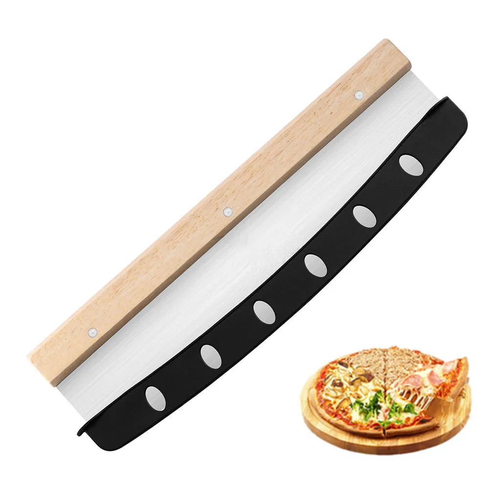 

Pizza Cutter Rocker with Wooden Handle and Protective Cover Stainless Steel Pizza Slicer Wheel Pizza Chopper, Natural