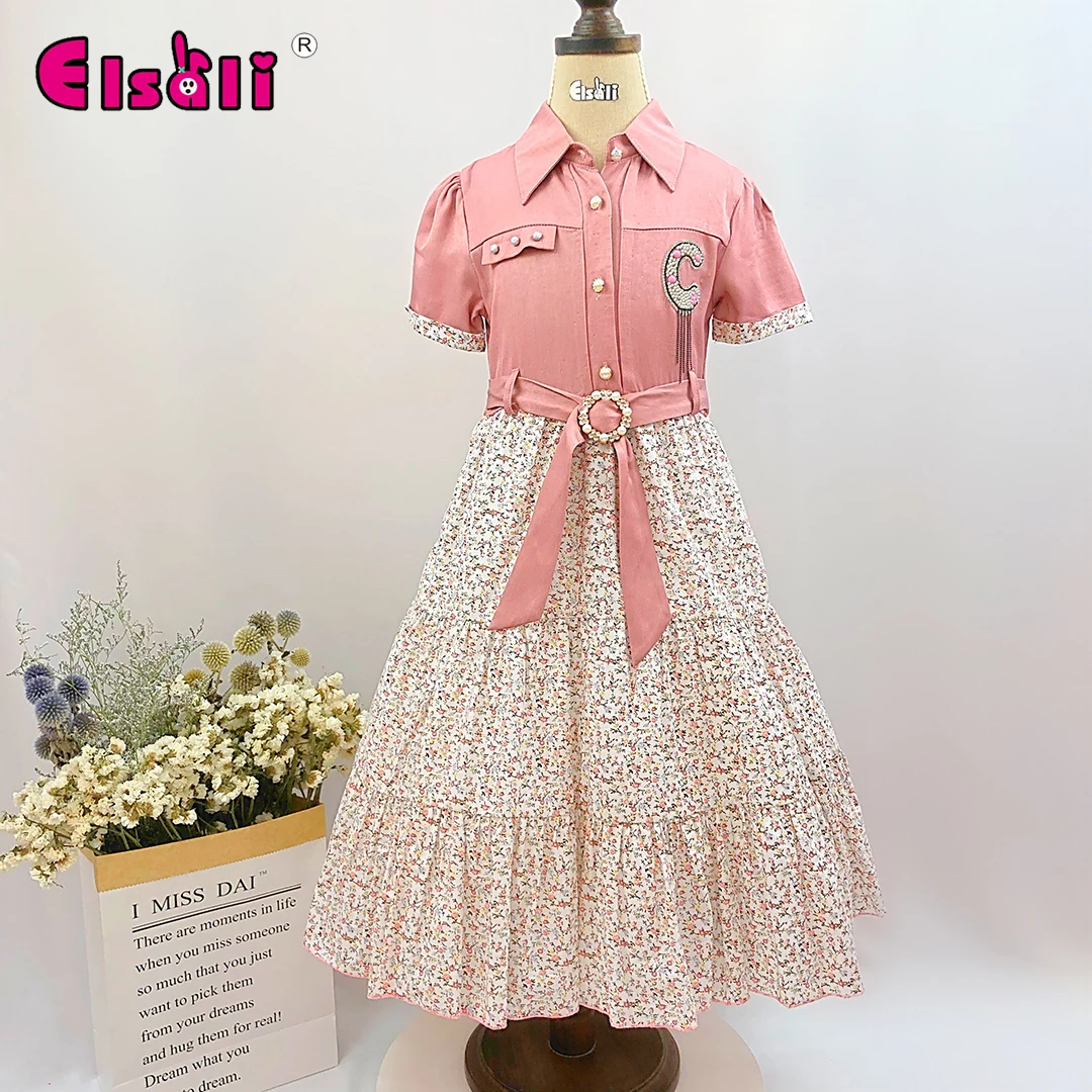 

Elsali smoked dress baby girls Wholesale African Vintage shirt collar Floral Print Casual Breathable long Skirts, Picture