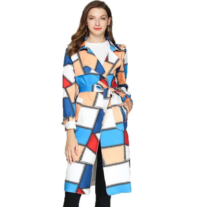 

2021 autumn winter new slim long windbreaker lace up jacket fashion casual printing belt women's coat