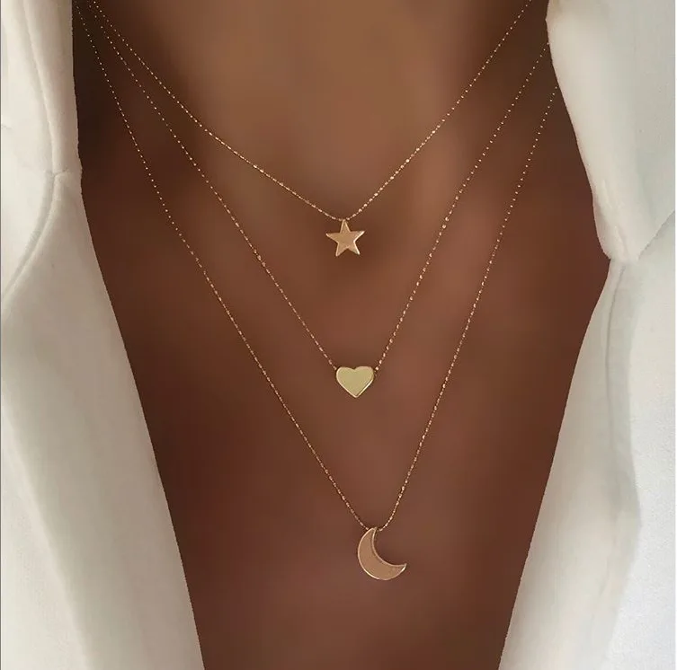 

Hot Selling Star Moon Heart Pendant Necklace Multi Layers Gold Plated Necklace For Women Gift Jewelry, Picture shows