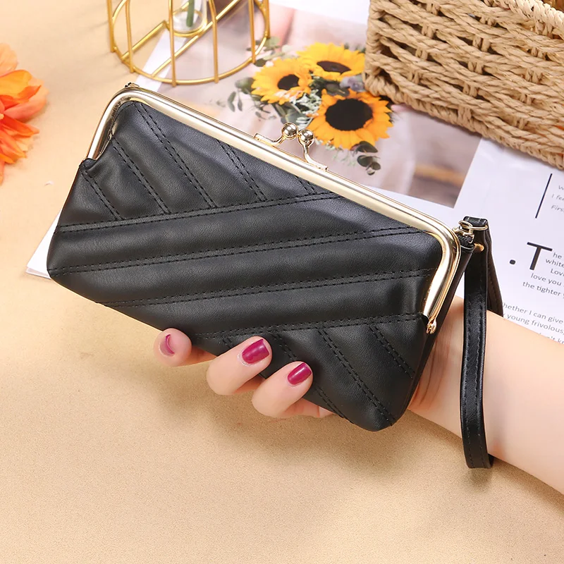 

Fashion Ladies Korean Phone Bag PU Leather Thread Women`s Wallet Wristband Metal Buttons Clutch Student Money Clips Card Purse