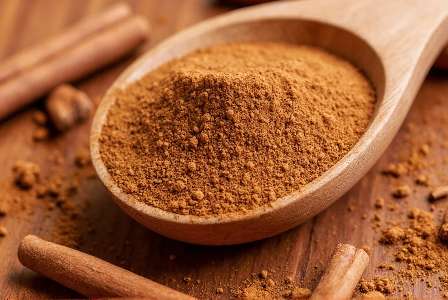 Close-up of ground cinnamon powder in a wooden spoon with cinnamon sticks scattered around, showing fine texture and warm brown color