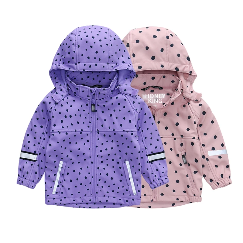 

OEM Custom spring and autumn baby Kids girls Sweet Fleece Lined hooded softshell waterproof rain jacket Windproof coat kids wear, Picture