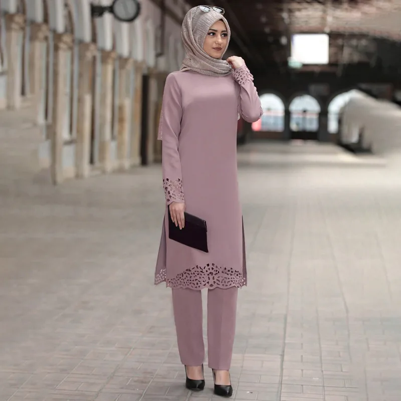 

2021 New Stylish Middle East Eastern Islamic Clothing Turkey Muslim Women Long Sleeve Tunic Pants 2 Piece Suit Set, 5 colors