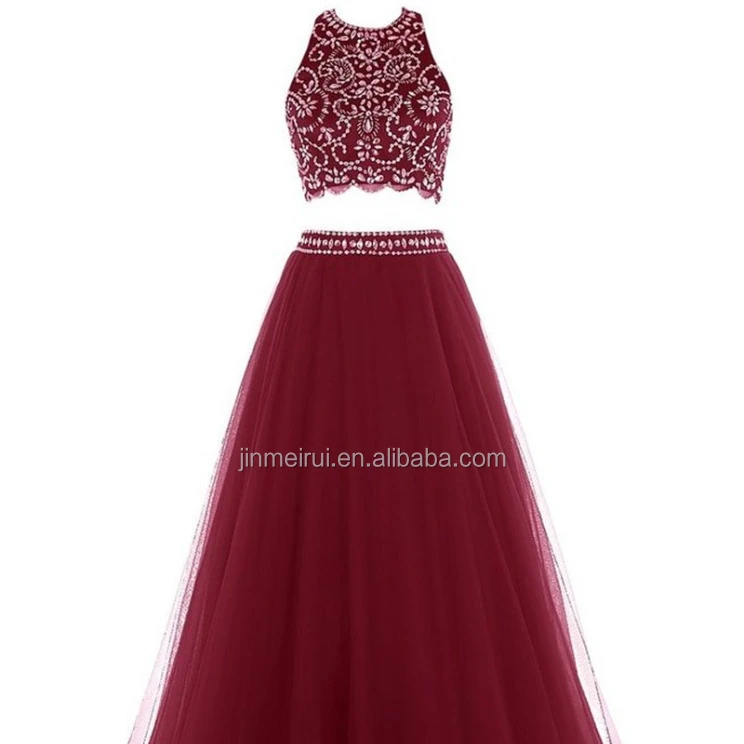 

Fashion Two Pieces Halter A-line Long Prom Drseses 2021 Gorgeous Crystals Beaded Tulle Evening Gown Evening Party Vestido Longo, Plum