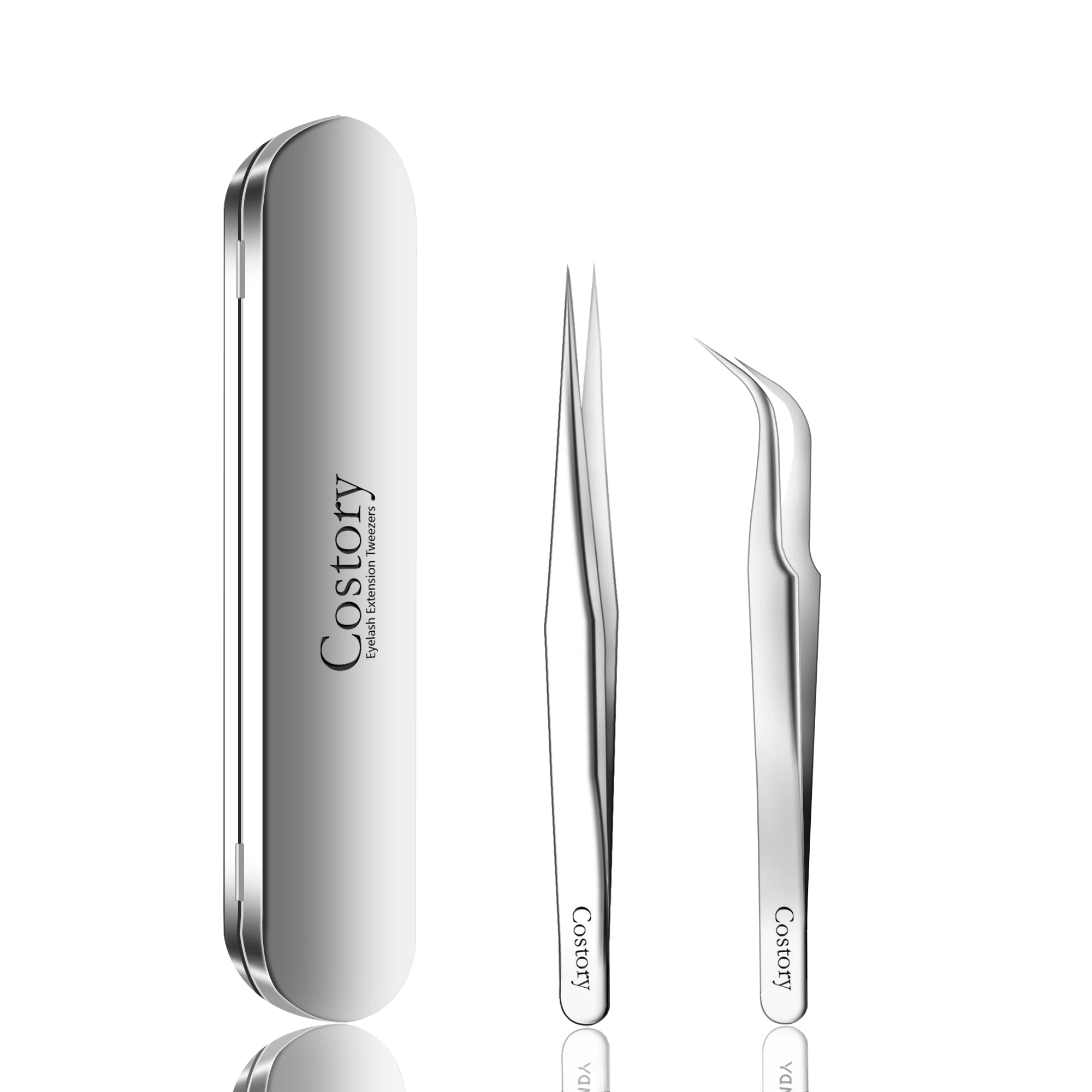 

Costory Tweezers for Eyelash Extension - Straight and Curved Pointed Tip Set 2 Pcs Silver Premium Stainless Steel Tweezers