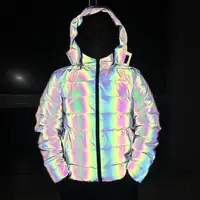 

Fashion Trend Night Reflective Rainbow Color Noctilucent Down Puffer Jacket with Hood for Men Women Winter Glowing Ski Snow Coat