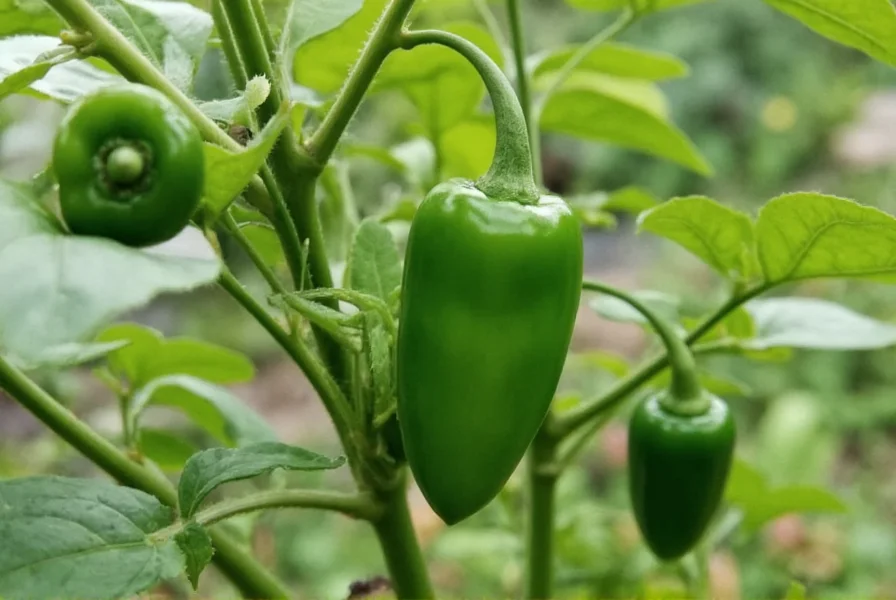 Jalapeño pepper plant growing in a garden with multiple green peppers visible
