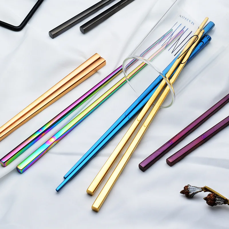 

High Quality Metal 304 Stainless Steel Titanium Chopsticks for Korean Japanese, Silver,rose gold,purple,gold,bule,black,rainbow