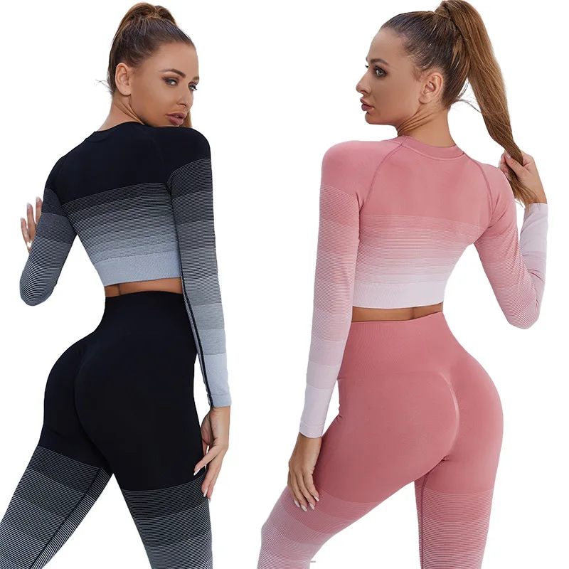 

Women Compression Soft Quick Dry Ombre Seamless Exercise Fitness Leggings and Tops Set