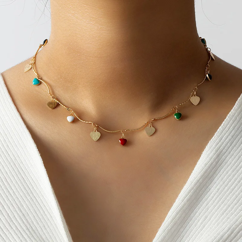 

Vintage Enamel Heart Shape Gold Plated Choker Necklace For Women Jewelry