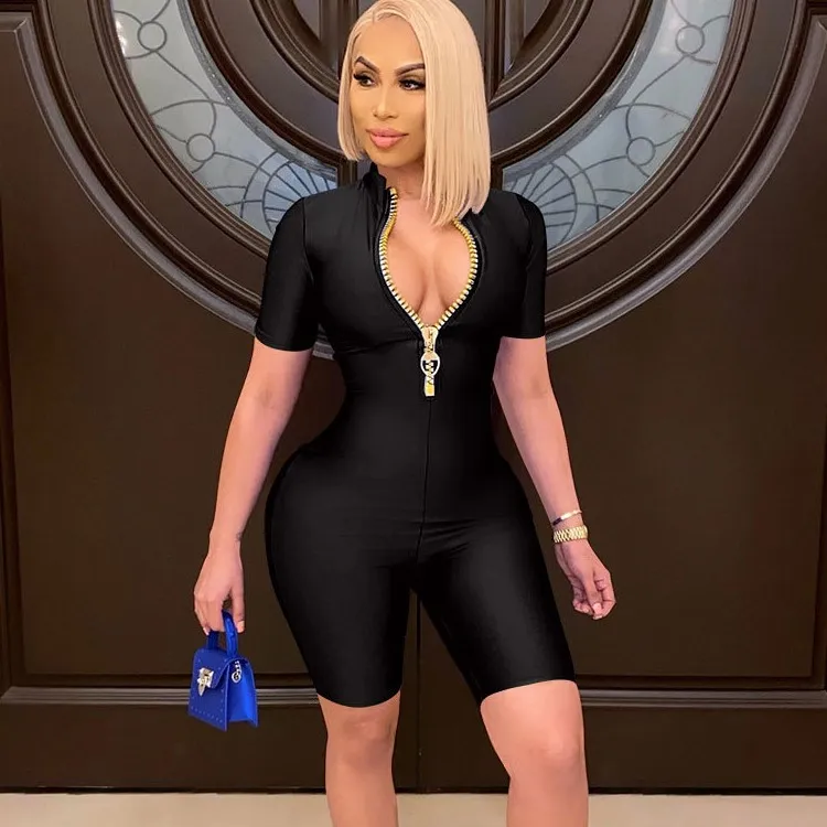 

Euro Zipper Up Stand Collar Pure Color Casual Short Sleeve Rompers For Women One Piece Jumpsuit Shorts Elegant Jumpsuit, Black,wine red,army green,blue