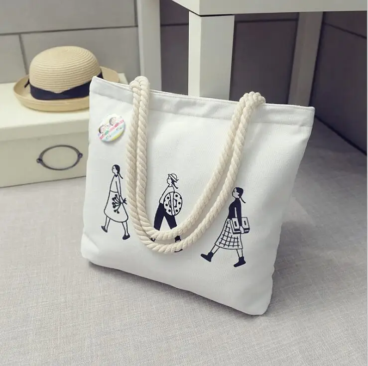 

KALANTA Custom plain organic reusable cotton canvas tote shopping shoulder beach bag With rope handles zipper pocket and button, Customized color