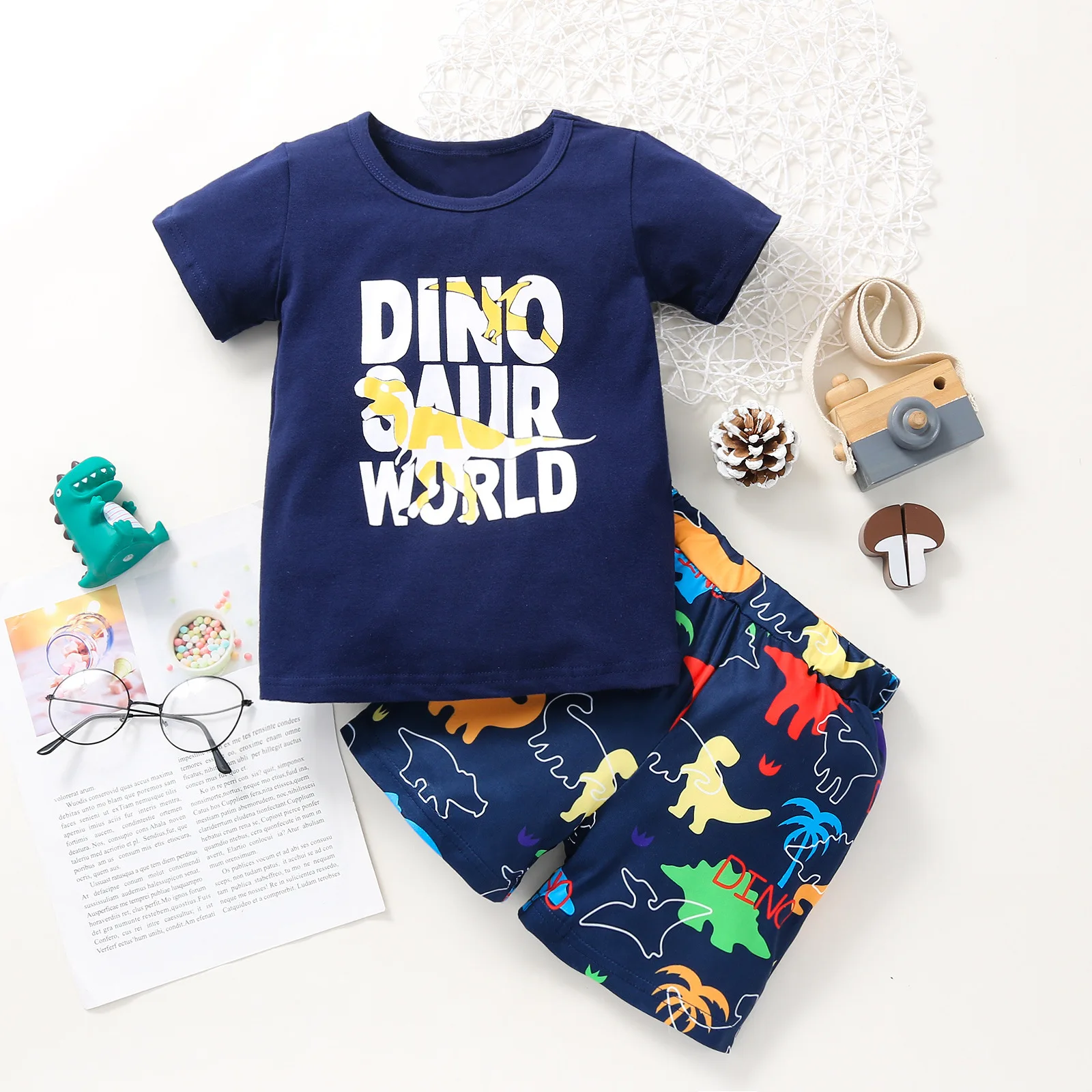 

Hot selling Boys Kids Print Letter tee Tops+dinosaur Shorts Pants Summer Set Outfits Clothes 2PCS, As image shown