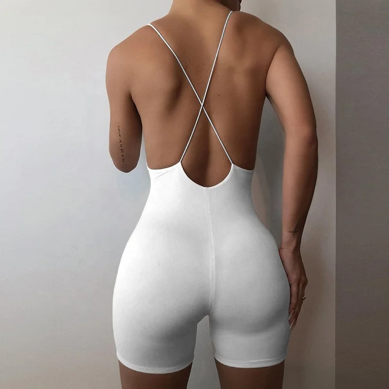 

XLL-Low women sexy deep V neck backless cross sleeveless fitness bodycon one piece sling jumpsuit, As picture or customized color