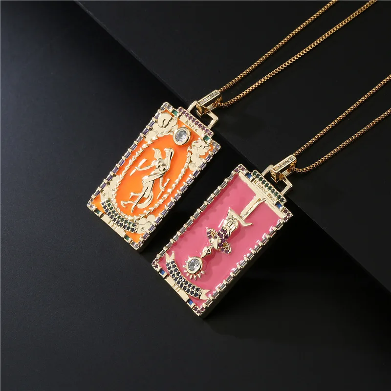 

Fashion New Design Copper 18K Real Gold Plated Drop Oil Enamel Gothic Tarot Card Zodiac Pendant Necklace, Rose gold, silver , gold