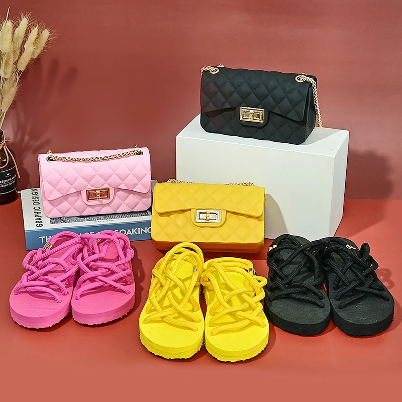 

2021 Matching Fur Women's Sandals and Bag Set for Women Lady Tote PVC Hand Bag Small Jelly Purse and Shoe Sets, Customizable