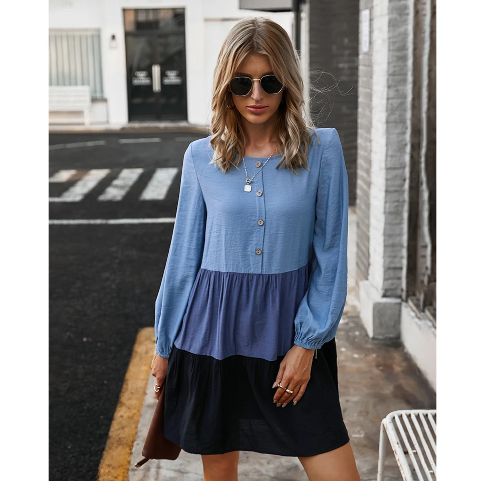 

Lady Elegant 2021 New Arrivals Casual Dresses Women Long Sleeve A-lined Crewneck Button Placket Stripe Dress Clothing Wholesale