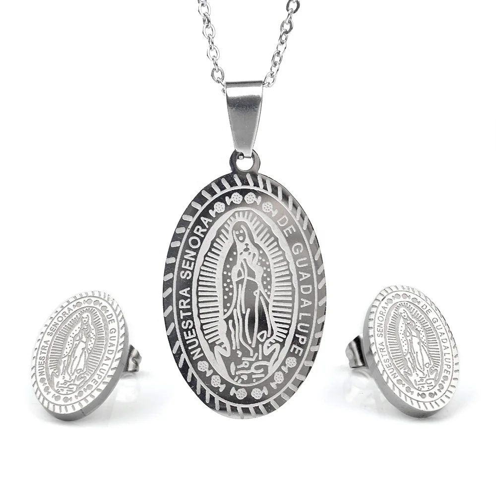 

Our Lady of Guadalupe Silver Stainless Steel Religious Necklace Earring Jewelry Set