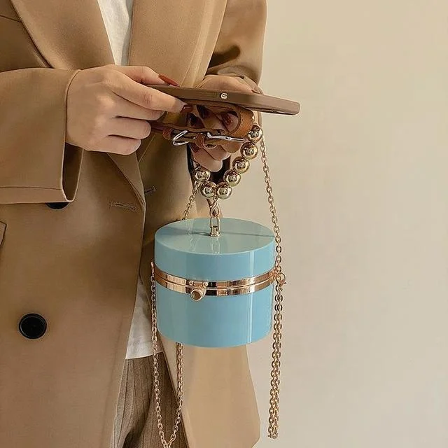 

Acrylic Box Bag Fashion Hardware Lock Messenger Bag Cylindrical Chain Women's Handbag, White,yellow,rose red,khaki,green,blue,red,coffee,black