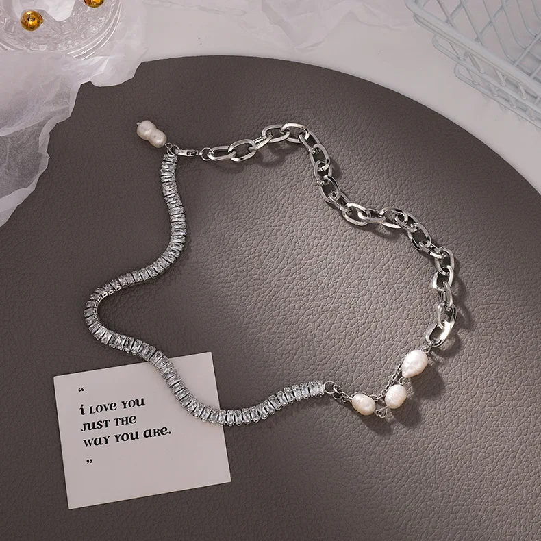 

Female clavicle chain trendy fashion freshwater pearl stitching zircon chain necklace pendant, As pictures