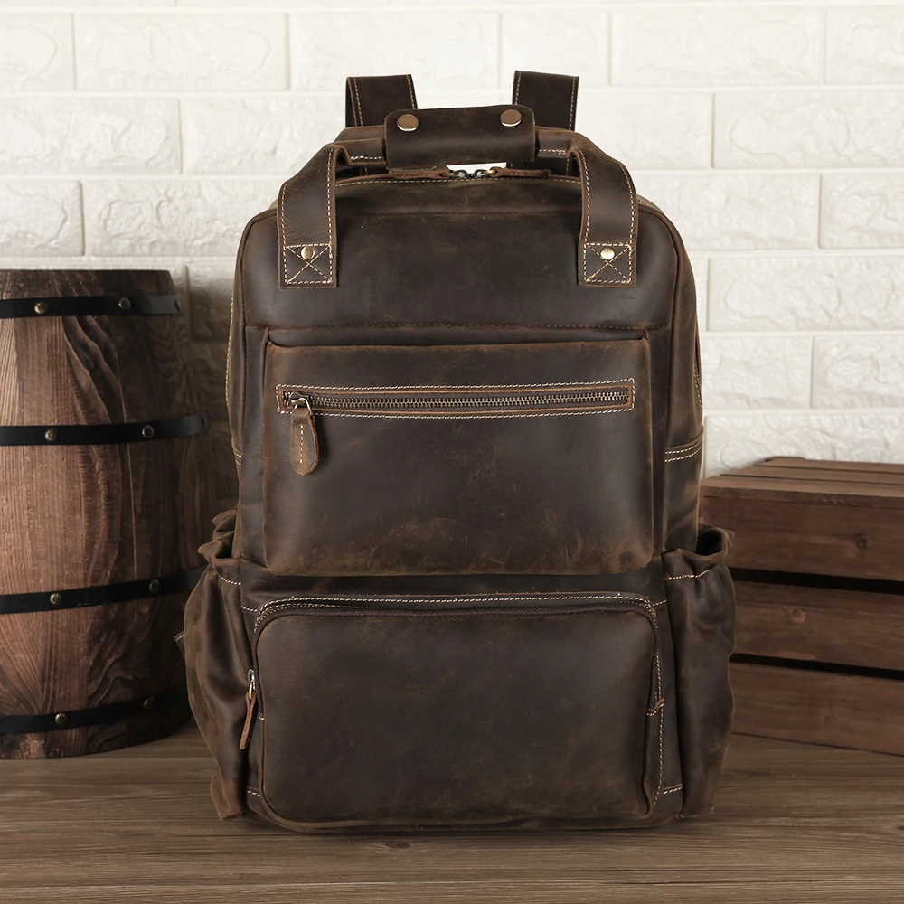 

Drop Shipping Vintage Styles Men Crazy Horse Real Cow Leather Laptop Computer Bag Full Grain Cowhide Genuine Leather Backpack
