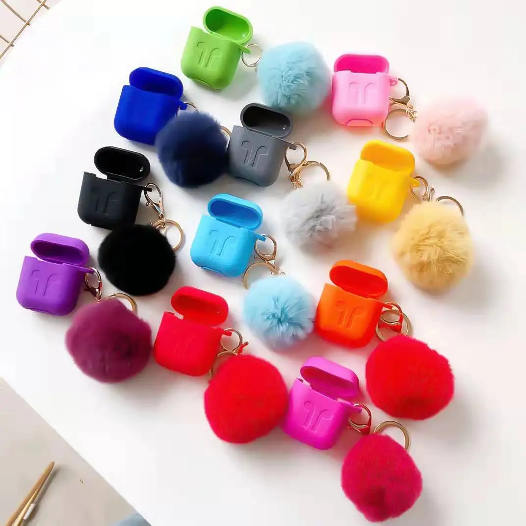 

fur ball keychain for airpods case silicone keychain puff ball fox fur pom for air pod case cover girly keychain