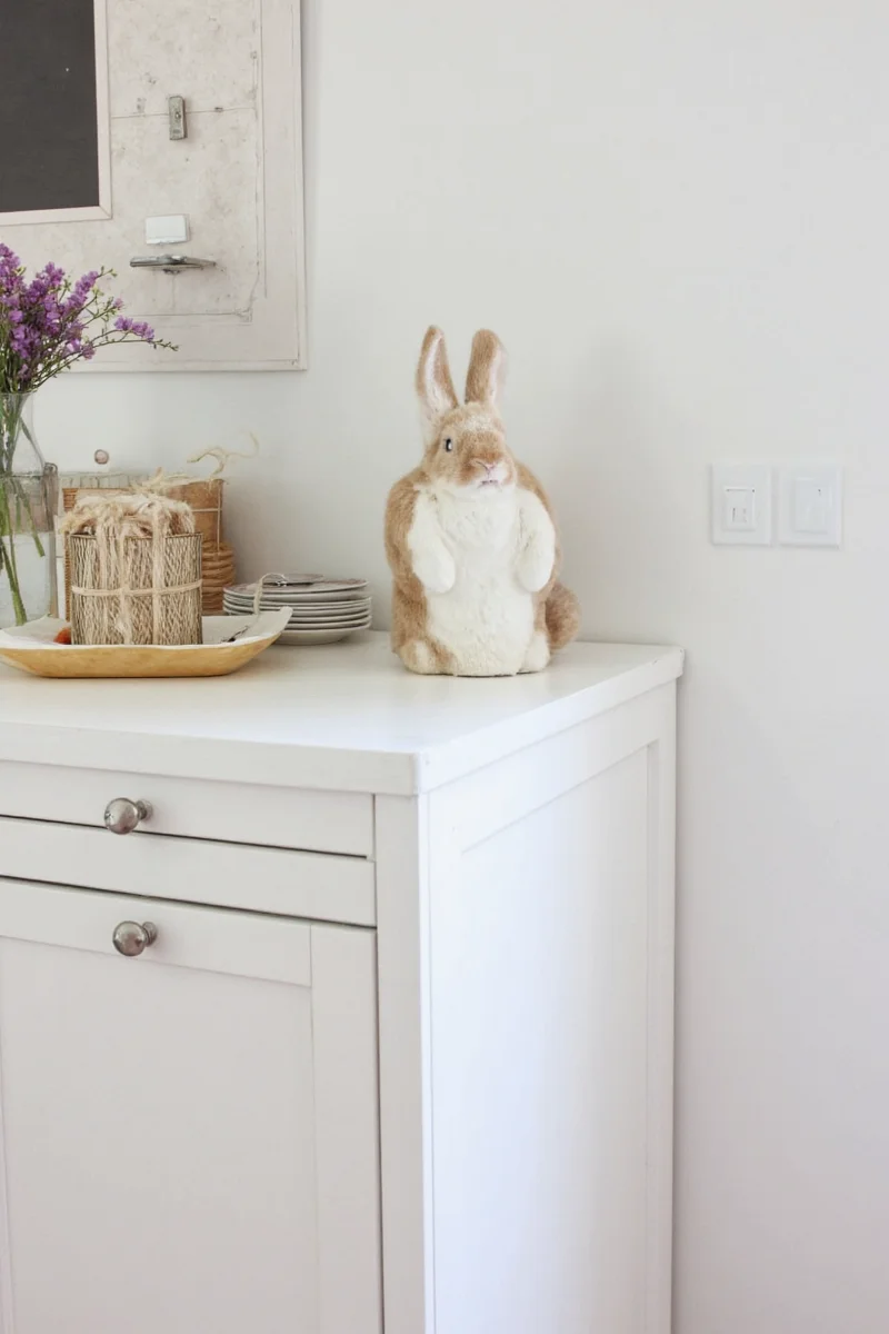 A cozy living room with bunny-themed pillows, wall art, and a woven basket for rabbits to lounge in.