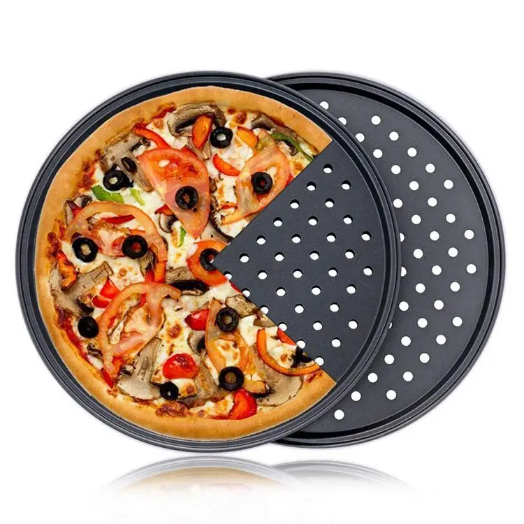 

Pizza Pans Carbon Steel Perforated Baking Pan With Nonstick Coating Round Pizza Crisper Tray Tools Bakeware Set Kitchen Tools, Black