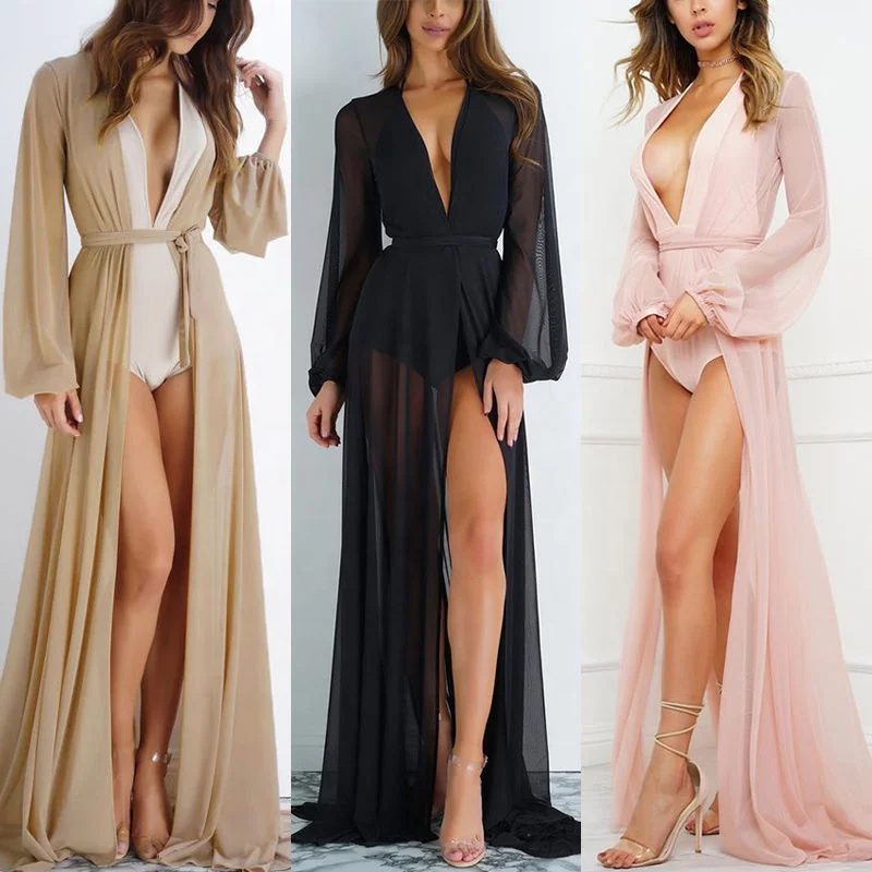 

Customized Sexy Thin Mesh Long Sleeve Tie Front Swimsuit Beach Maxi Bikini Cover Up Chiffon Sun Dress for Women Clothing, Khaki / pink / black