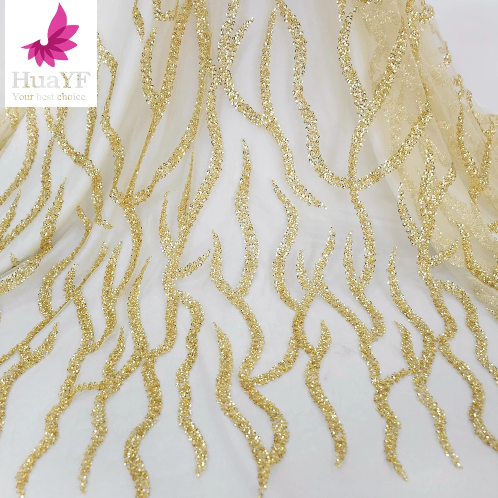 Hot Sale African Yellow Gold 3d Beaded Lace With Sequins Shining Wholesale Embroidery Lace Dress Fabric for Aso Ebi HY1594-3