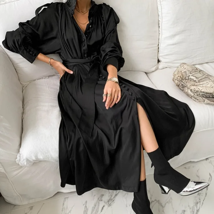 

Wholesale Women's High Neck Dress for Spring and Autumn Girls Elegant Long Sleeve Dress Single Breasted Dress, 2 colors