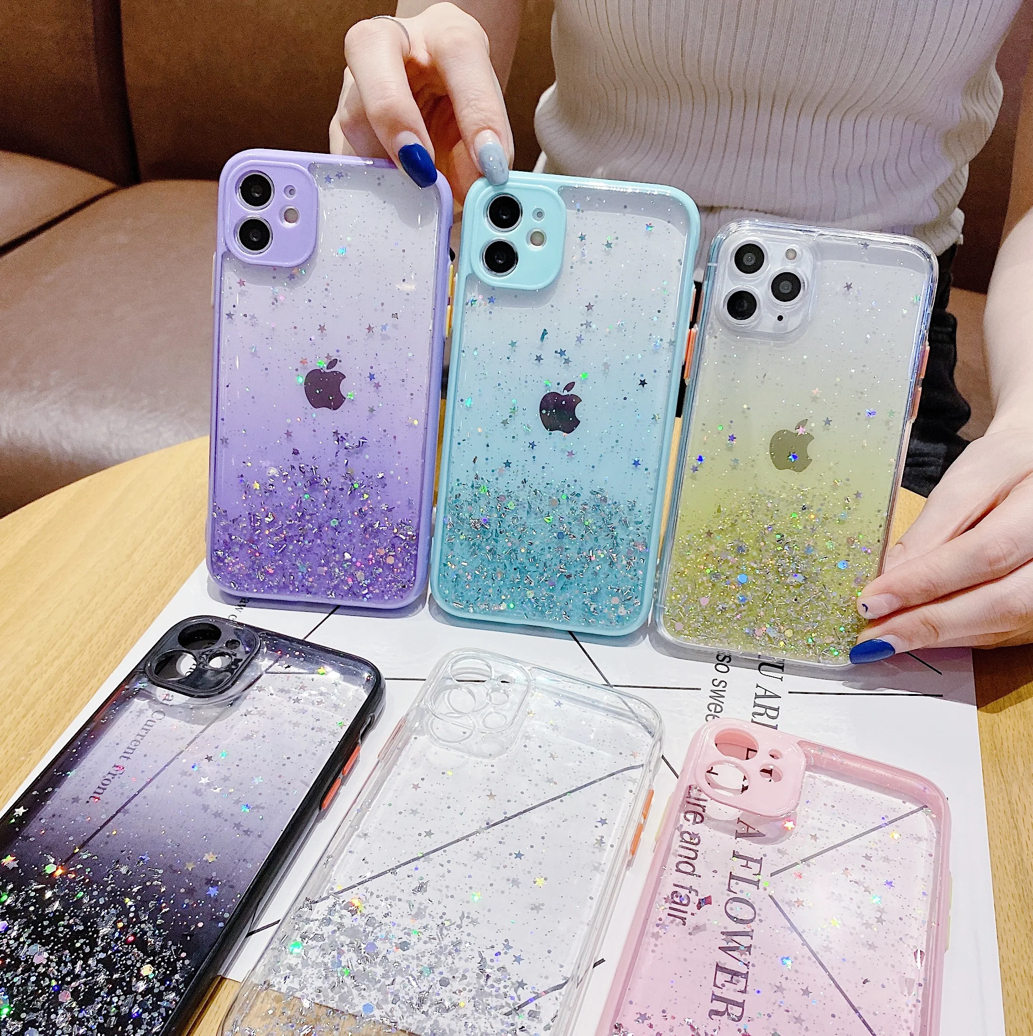 

Glitter Star Soft Bling Clear TPU Phone Case For iPhone 7 8 Plus 12 Mini 11 Pro Max XS XR X SE 2020 Capa With Camera Protection, Blue, pink, yellow, light green, purple