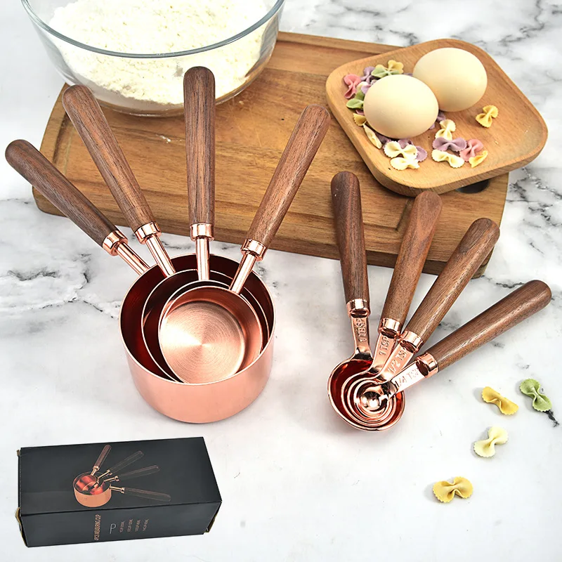 

Custom Rose Gold 8pcs Set Stainless Steel Kitchen Baking Measuring Tools Walnut Handle measuring spoons cups, Sliver