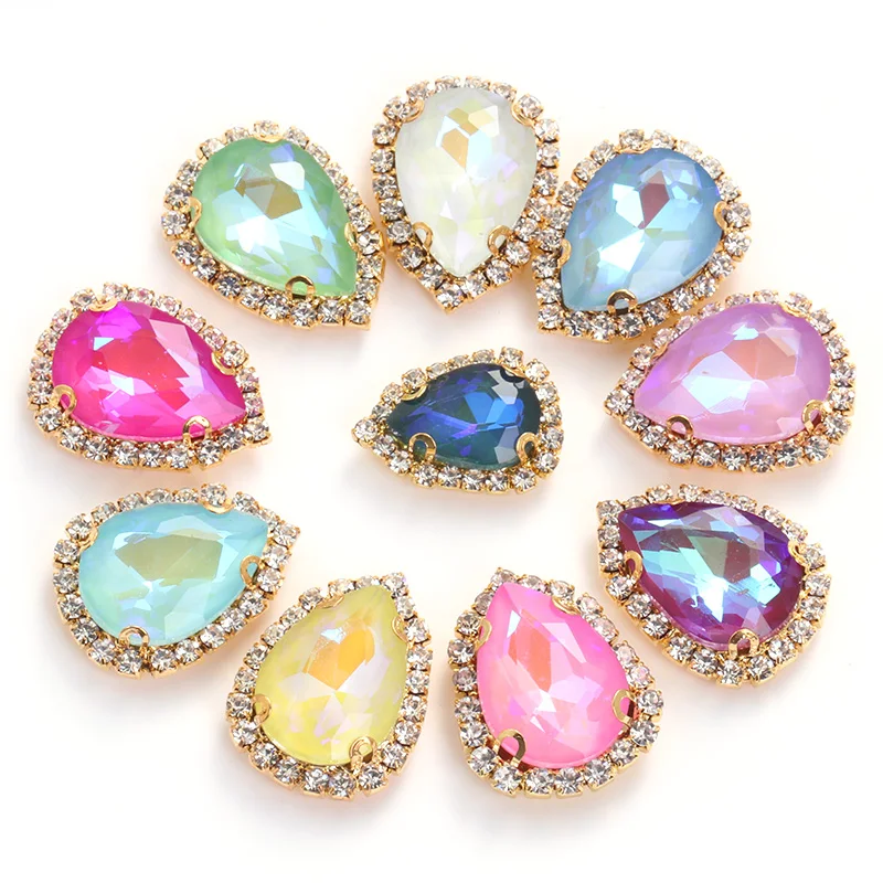 

Newest wholesale drop shape MI series crystal stone with cup chain sew on stone garment DIY rhinestone decoration accessories