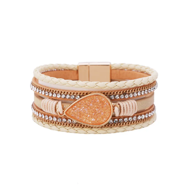 

Boho Multilayer Leather Bracelets 2021 Fashion Jewelry Vintage Gold Plated Magnetic Clasp Bracelet