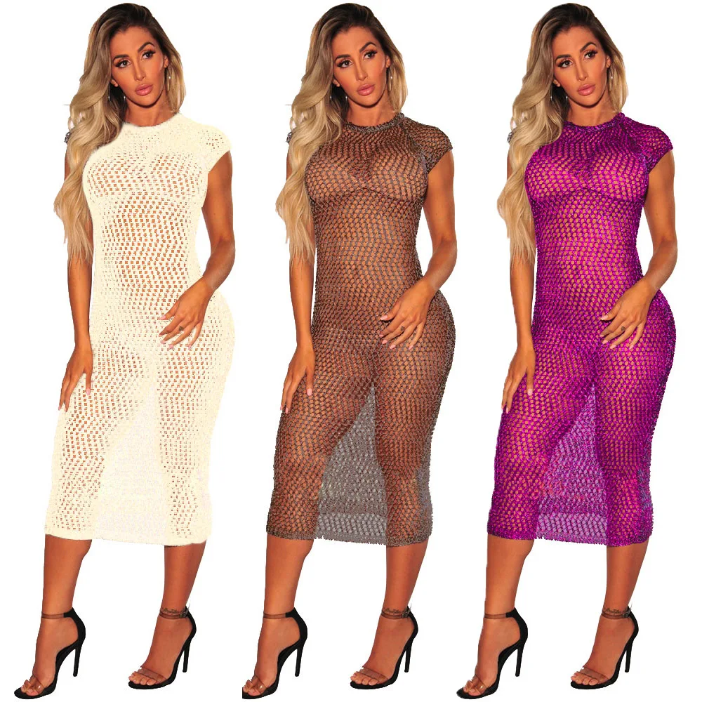 

Summer New Arrivals Sexy Hollow Out Bikini Knitted Beach Mesh Dress Sun Protection Clothing Ladies Women Wear Plus Size XXXL, Picture color