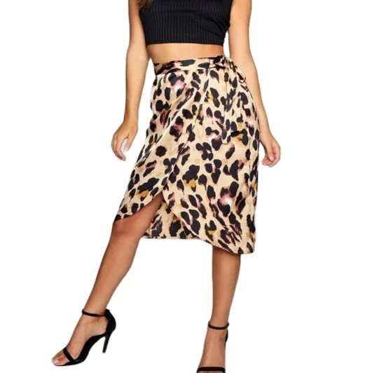 

Women's Leopard Print Satin Waist Belt Wrap Midi Skirt