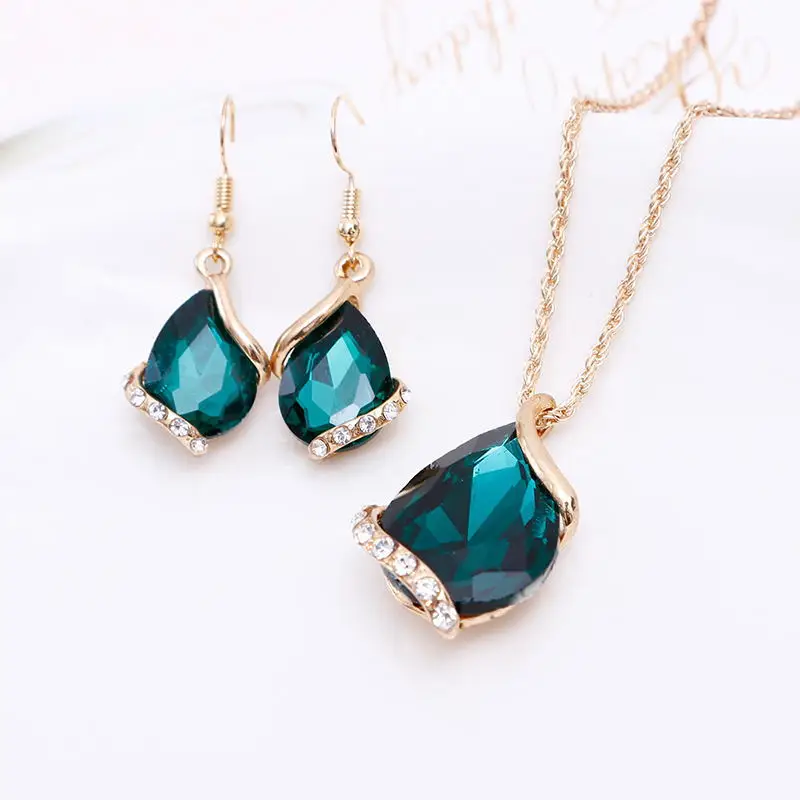 

New Colorful Crystal Wedding Jewelry Set Gold Plated Women Waterdrop Dangle Earrings And Necklace Set