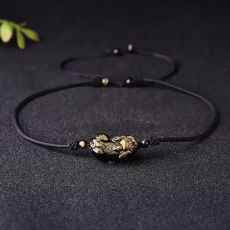 

2023 Natural Strawberry Crystal Bracelet/ Necklace Braided Rope Gold Obsidian Lucky Charm Gemstone Wealth Lucky Pixiu Bracelet