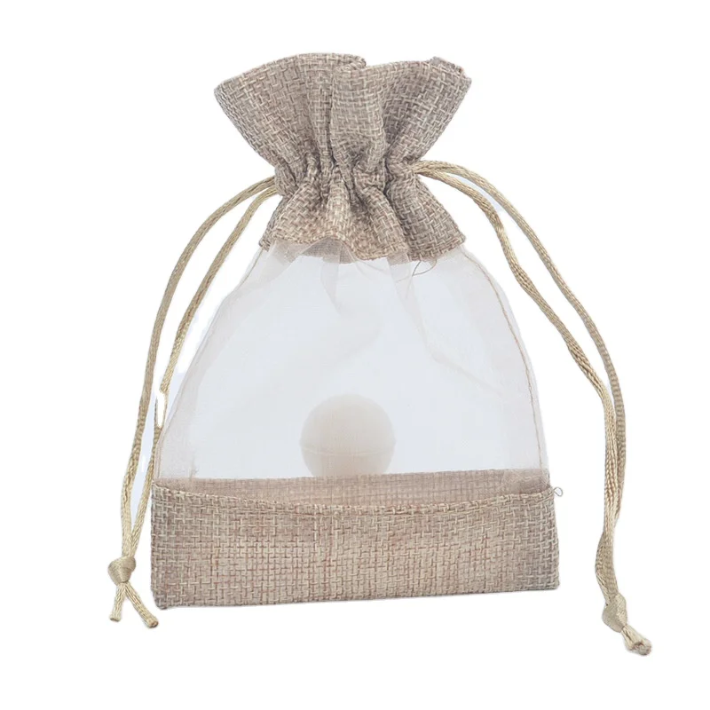 

Eco-friendly Custom Logo printed linen pouch jute Burlap Drawstring transparency Gift Bag With Handles, As picture