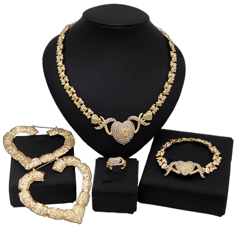 

Yulaili Brazil Gold Plated Necklace Bracelet Jewelry Sets Big Heart Big Earrings I Love You Hug and Kiss Xoxo Jewelry Set X0081