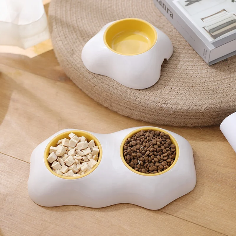 

Kimpets 2021 New Design Pet Feeding Bowl PP Material Cute Double Bowls Cat Dog Food Bowl, White+yellow