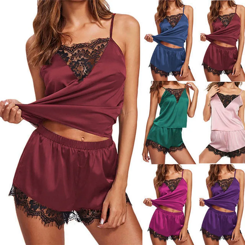 

Women Fashion Ice Silk Eyelash Lace Pajamas Set Black Lingerie Nightwear COLDKER