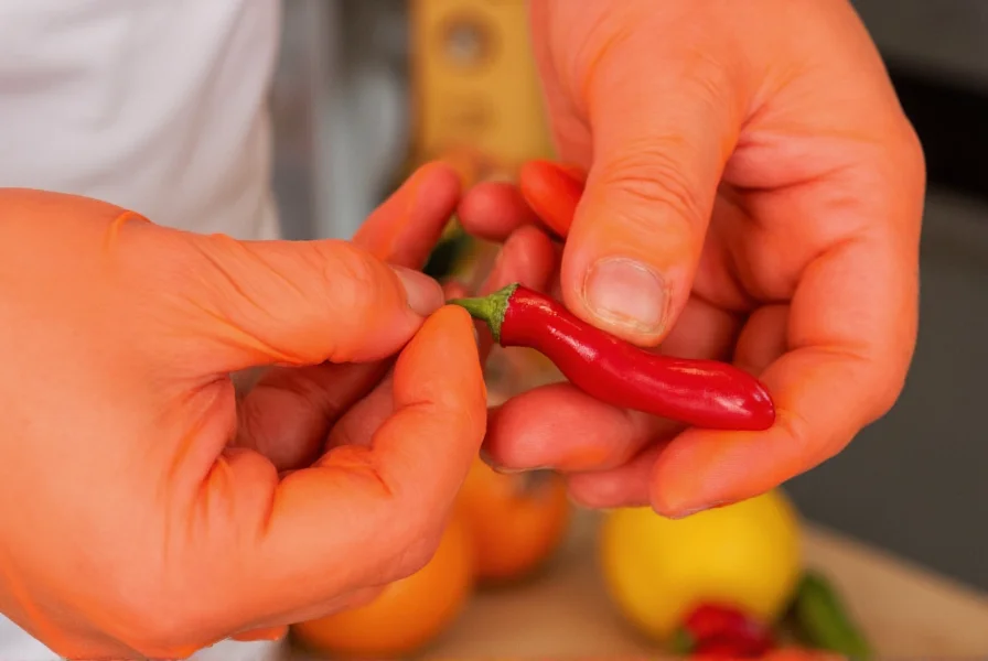Close-up of hands wearing nitrile gloves while safely removing seeds from a red chili pepper