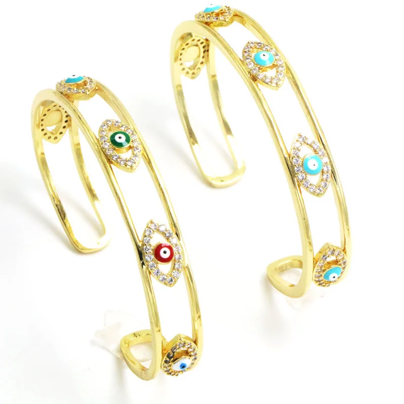 

Crystal Gold Plated Cubic Zircon Bracelet Couple Jewelry Evil Turkish Eyes Copper Open Bracelet Bangles