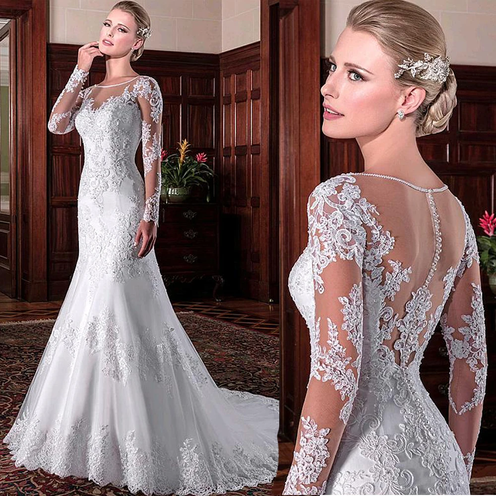

Exquisite Illusive Full Sleeve Mermaid Wedding Dresses Lace Appliqued Wedding Gowns