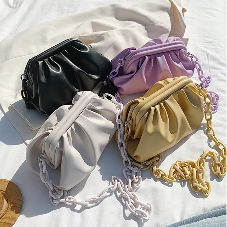 

Elegant Female purple Tote Solid color Shoulder bag acrylic chain women pu leather cloud bag, As the pictures
