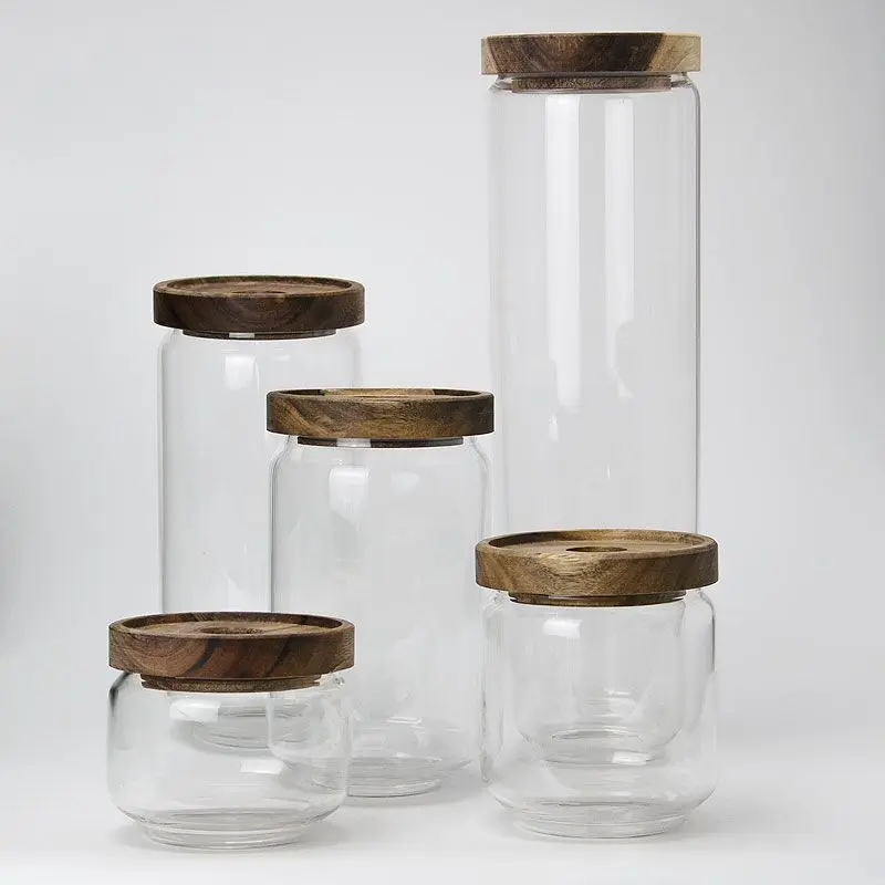 Kitchen storage glass jar with wood lid glass container with wooden lid