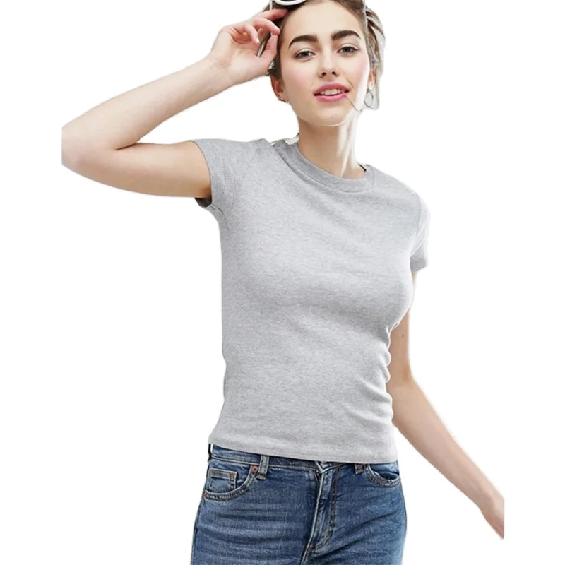 

KY wholesale new arrival women short sleeve crew neck ribbed organic cotton tshirt jersey slim fit t-shirt